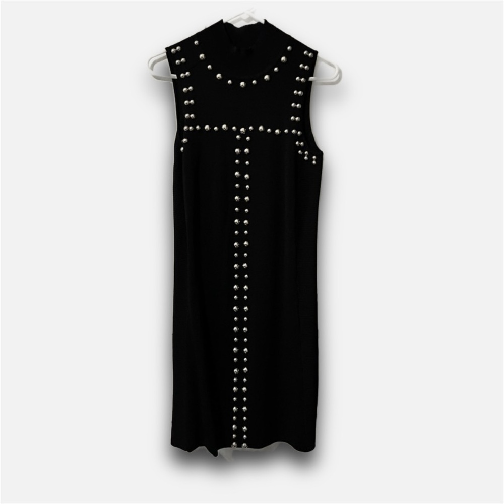 Black Studded Sleeveless Tube Dress • High Neck • Size M - Picture 2 of 6